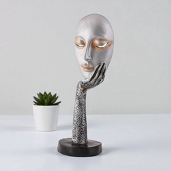 Modern Contemplation Face Sculpture - Silver Mask with Textured Hand Showpiece