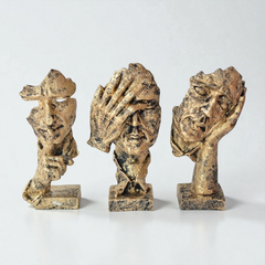 Three Wise Abstract Heads Sculpture Set - Antique Gold Hear, See, Speak No Evil