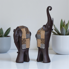 Set of 2 Decorative Elephant Figurines - Dark Brown Polyresin with Tribal Pattern
