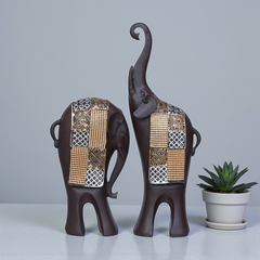 Set of 2 Decorative Elephant Figurines - Dark Brown Polyresin with Tribal Pattern