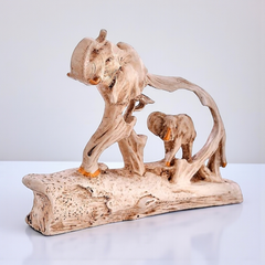 Savanna Elephant Family Sculpture - Rustic Wood-Look Polyresin Showpiece