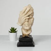 Abstract See No Evil Sculpture - Textured Beige and Gold Art Figurine