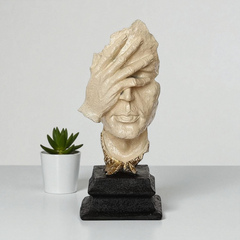 Abstract See No Evil Sculpture - Textured Beige and Gold Art Figurine