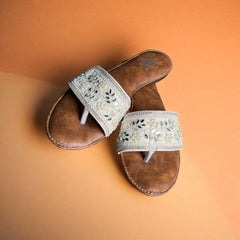 Embellished White & Silver Ethnic Flat Sandals