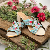 Hand-Embroidered Flower Slide Sandals with Chunky Heel
