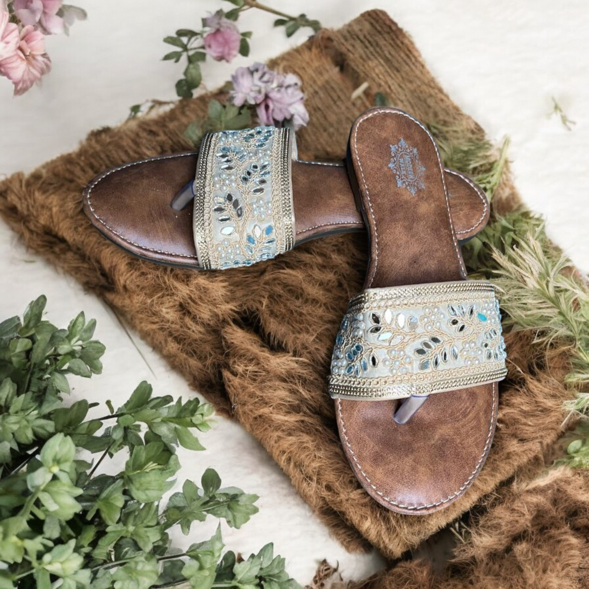 Glam Gold & Tan Mirror Kolhapuri-Style Flat Sandals