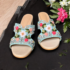 Hand-Embroidered Flower Slide Sandals with Chunky Heel