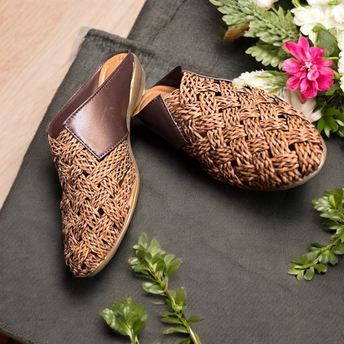 Artisan Woven Straw & Leather Backless Mules