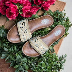 Glam Gold & Tan Mirror Kolhapuri-Style Flat Sandals