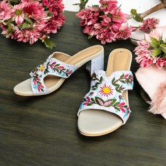 Garden Daisy Hand-Embroidered Block Heel Slides