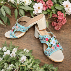 Hand-Embroidered Flower Slide Sandals with Chunky Heel