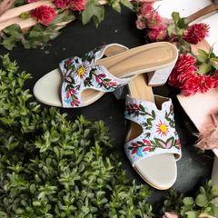 Garden Daisy Hand-Embroidered Block Heel Slides