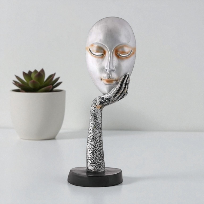 Modern Contemplation Face Sculpture - Silver Mask with Textured Hand Showpiece