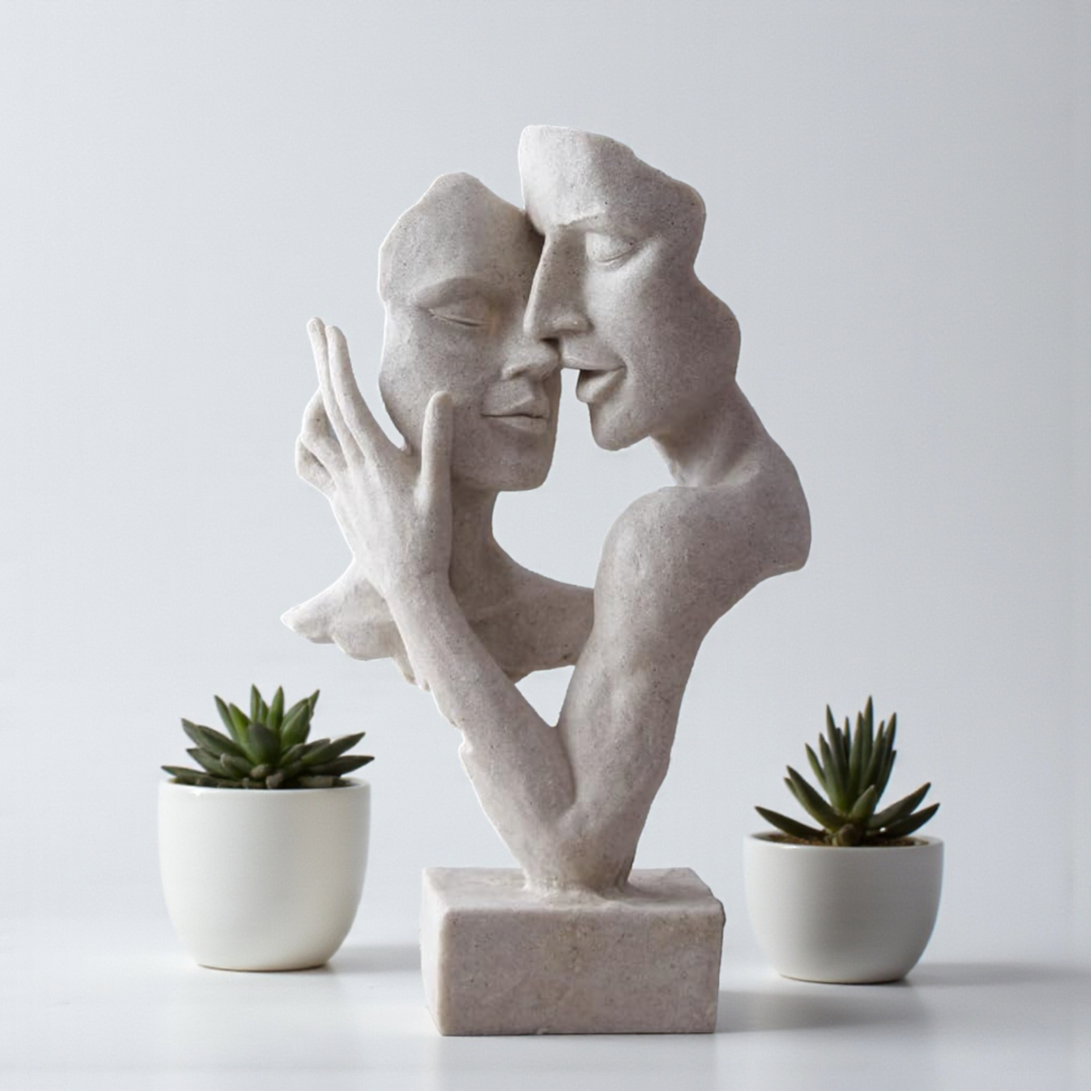 Minimalist Abstract Couple Kiss Sculpture - Sandstone Finish Polyresin Art