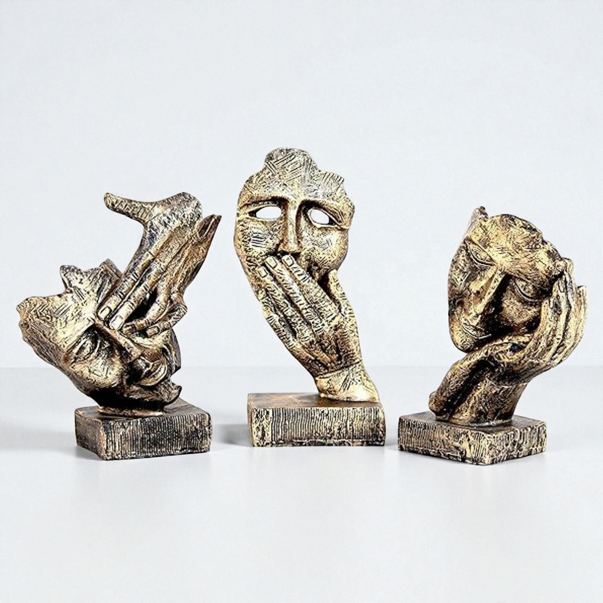 Abstract Three Wise Heads Sculpture Set 2- Textured Bronze Hear, See, Speak No Evil