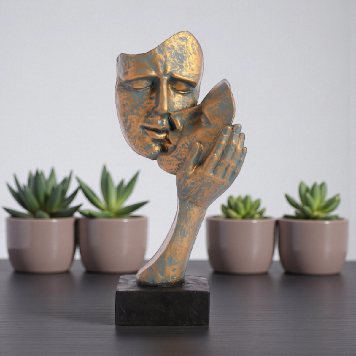 Consoling Embrace Abstract Sculpture - Verdigris and Gold Polyresin Art