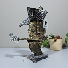 Abstract Musician/Bearer Sculpture - Textured Bronze and Pewter Polyresin Art