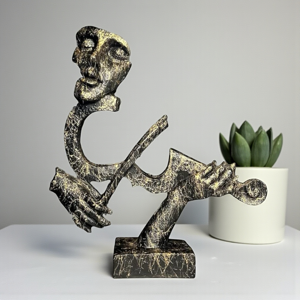 Abstract Violinist Sculpture - Textured Gold & Black Polyresin Musician Art