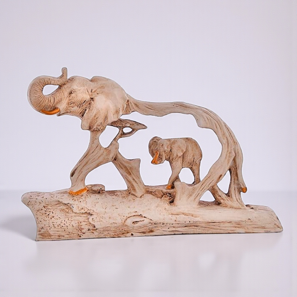 Savanna Elephant Family Sculpture - Rustic Wood-Look Polyresin Showpiece