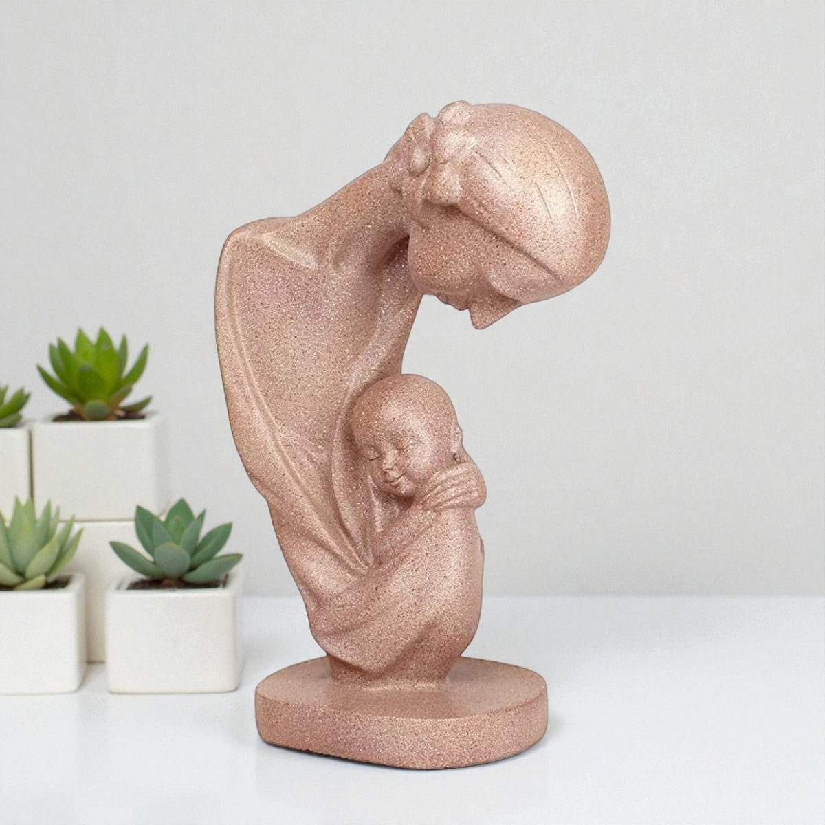 Rose Gold Glitter Mother and Child Sculpture - Modern Polyresin Showpiece