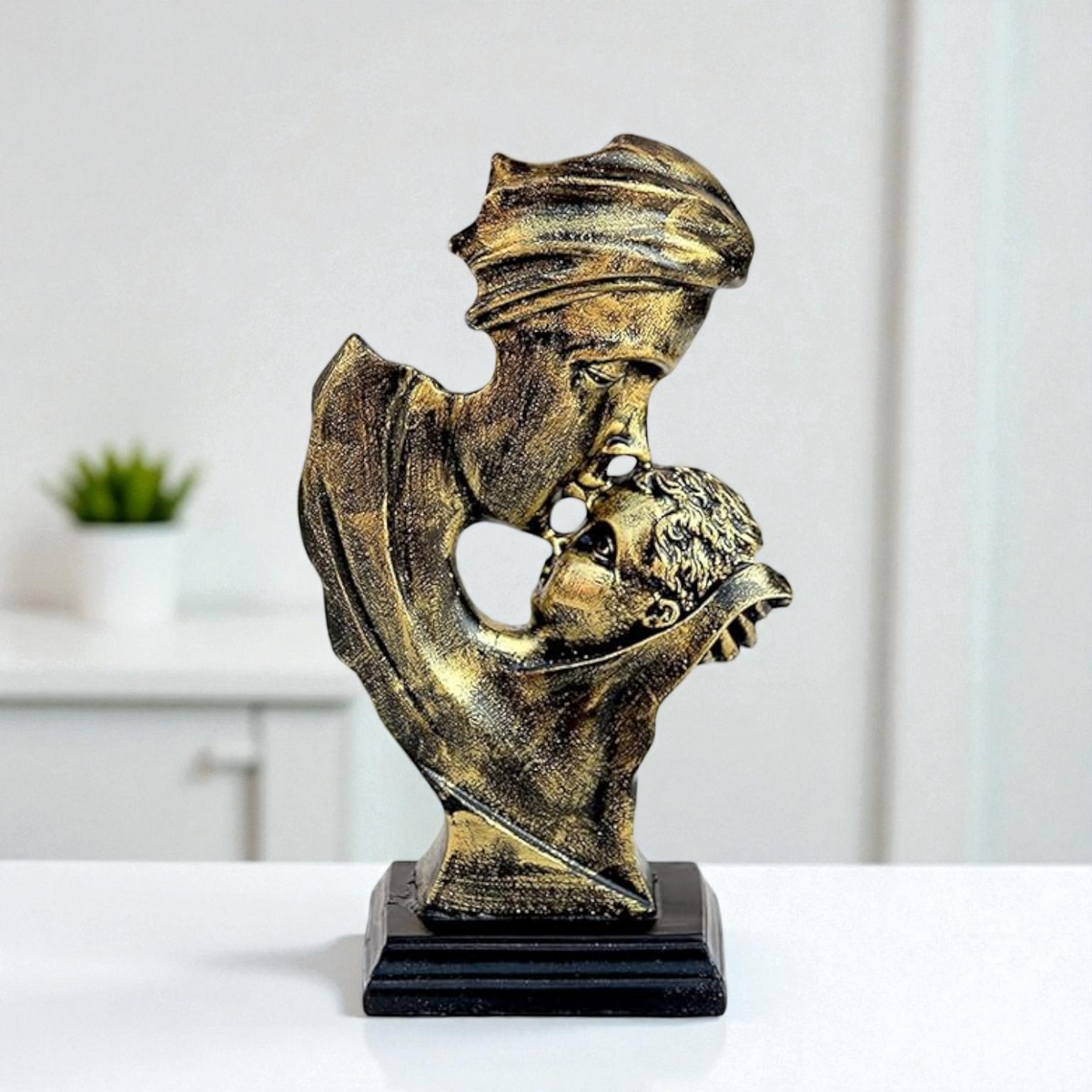 Abstract Kiss Mother and Child Sculpture - Antique Gold Polyresin Showpiece