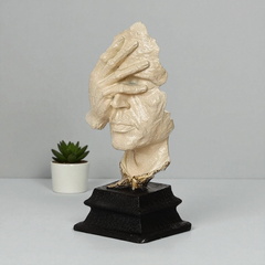 Abstract See No Evil Sculpture - Textured Beige and Gold Art Figurine