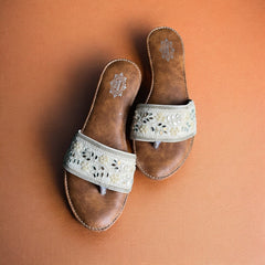 Embellished White & Silver Ethnic Flat Sandals