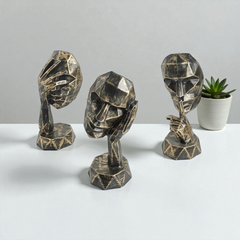 Set of 3 Geometric Abstract Heads - Bronze & Gold See, Hear, Speak No Evil