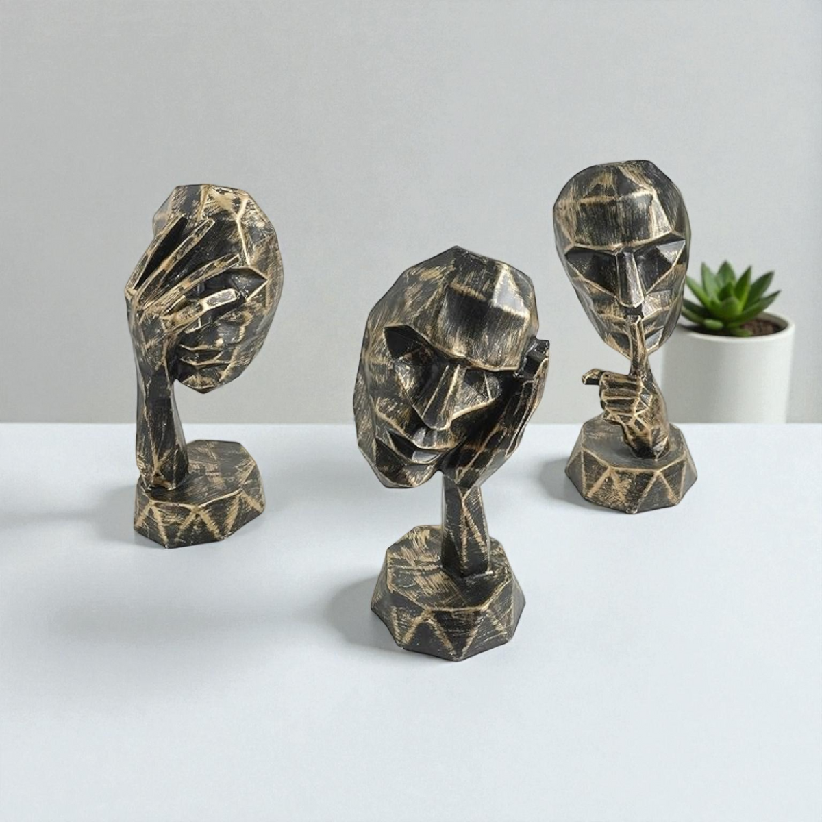 Set of 3 Geometric Abstract Heads - Bronze & Gold See, Hear, Speak No Evil