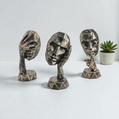 Set of 3 Geometric Abstract Heads - Bronze & Gold See, Hear, Speak No Evil