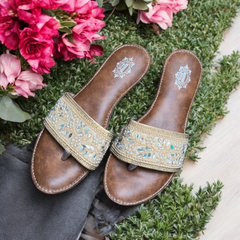 Glam Gold & Tan Mirror Kolhapuri-Style Flat Sandals