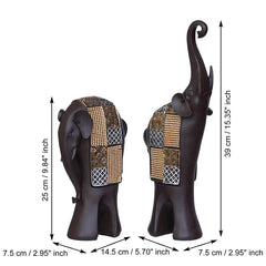 Set of 2 Decorative Elephant Figurines - Dark Brown Polyresin with Tribal Pattern