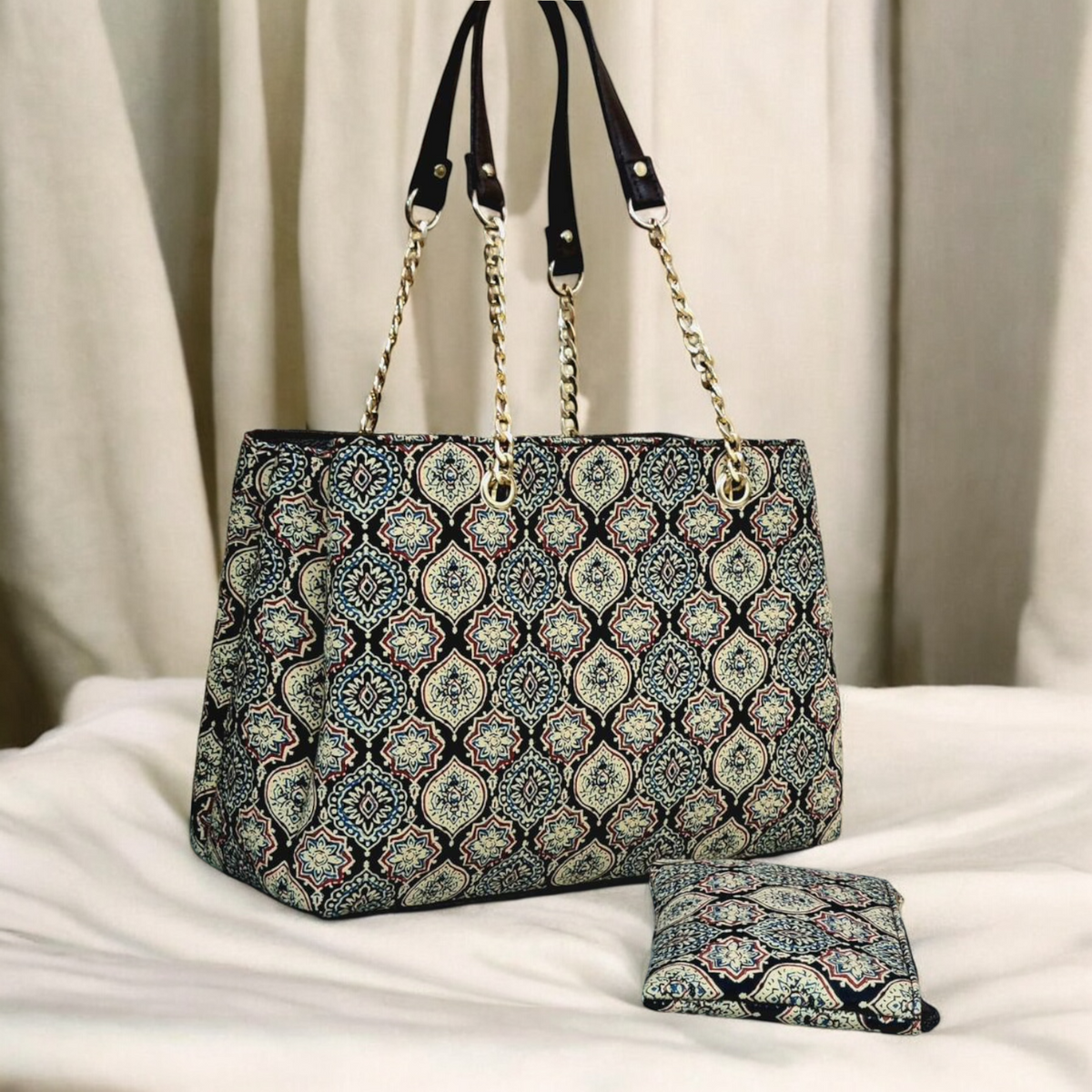 Ethnic Print Cotton Handbag with Chain Straps