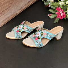 Hand-Embroidered Flower Slide Sandals with Chunky Heel