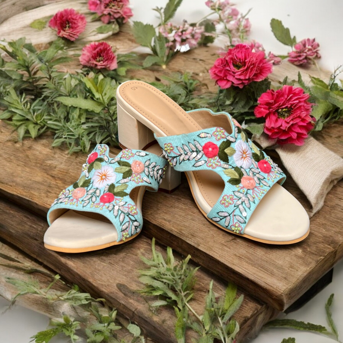 Hand-Embroidered Flower Slide Sandals with Chunky Heel