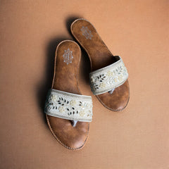 Embellished White & Silver Ethnic Flat Sandals